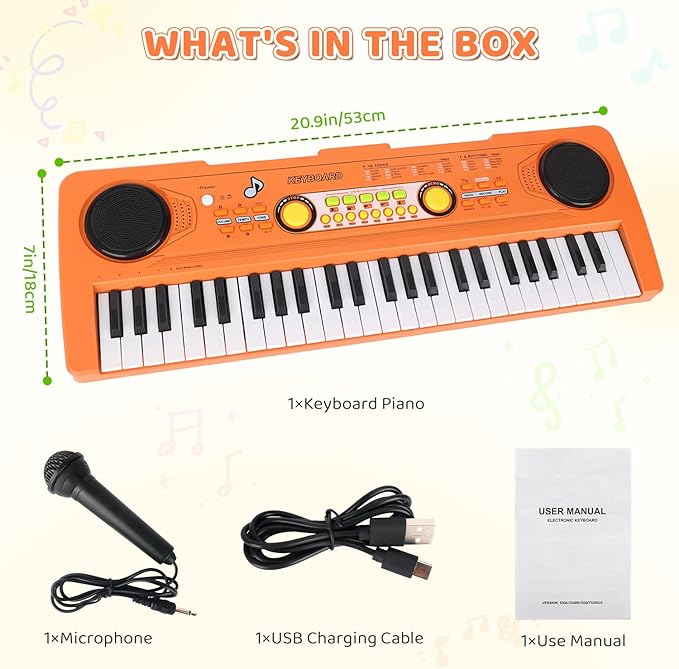 Kids Piano Keyboard with Microphone, 49 Keys Portable Electronic Piano Keyboard for Kids Beginners Ages 3 4 5 6 7, Toy Music Keyboard Birthday Xmas Gift for Girls Boys, Orange