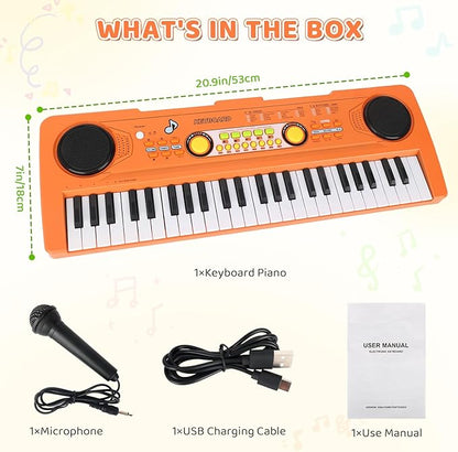 Kids Piano Keyboard with Microphone, 49 Keys Portable Electronic Piano Keyboard for Kids Beginners Ages 3 4 5 6 7, Toy Music Keyboard Birthday Xmas Gift for Girls Boys, Orange
