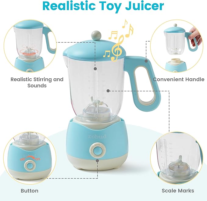 ROBUD Toy Juicer, Pretend Play Kitchen Appliance for Kids with 9 pcs Accessories, Toys-Fruit Juicer Maker with Realistic Light and Sound, Boys & Girls Toys Ages 3+
