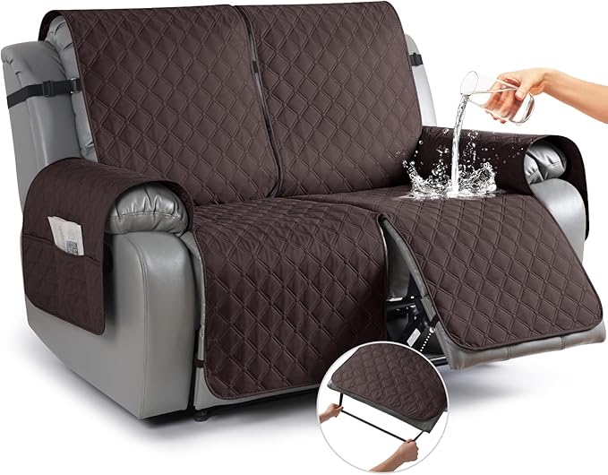 TAOCOCO 100% Waterproof Recliner Covers, Recliner Sofa Covers with Leg Straps, Reversible Recliner Couch Cover for Reclining Chair, Washable Couch Protector for Pets Kids(2 Seater, Chocolate)