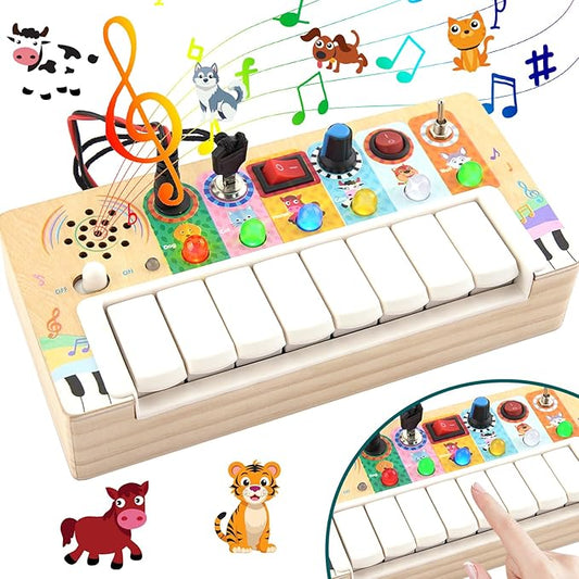 Busy Board Toys for Toddlers, Wooden Montessori Toys with Keys 6 Led Light Switch for Toddlers, Sensory Board Toys Educational Activity, Travel Toys & Gifts for Kids Boys and Girls 3+ Year Old