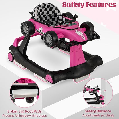 GLACER Foldable Baby Walker, 4-in-1 Infant Walker with Adjustable Height & Speed, Music, Light, Steering Wheel & Washable Cushion, Baby Walker Activity Center for Boys Girls 6 –18 Months (Pink)