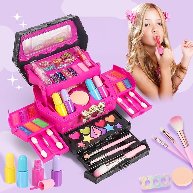 Birthday Gifts Kids Makeup Kit for Girl, Princess Toys Real Washable Cosmetic Set with Mirror, Kids Makeup Sets for Girls, Make Up Gifts for 3 4 5 6 7 8 9 10 11 12 Years Old Kid