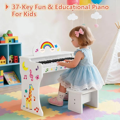 37 Keys Kids Keyboard Piano, Kids Piano Wooden Toy With Stool, DIY Stickers, Song Book, Cover, Education Musical Instruments for Girls&Boys Ages 3+