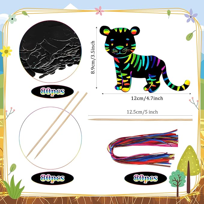 RoundFunny 80 Pcs Jungle Safari Animal Scratch Cards Party Favors Colorful Wild Scratch Painting Scratch Off Paper for Kids DIY Art Craft Kit with 80 Pcs Stick and Ribbon for Birthday Party Ornaments
