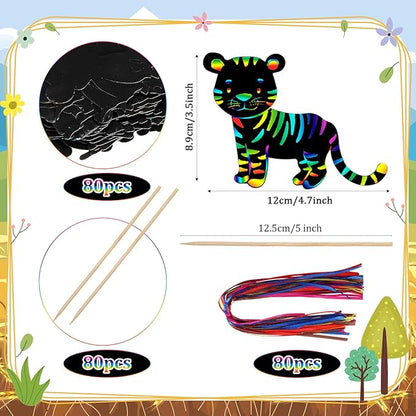 RoundFunny 80 Pcs Jungle Safari Animal Scratch Cards Party Favors Colorful Wild Scratch Painting Scratch Off Paper for Kids DIY Art Craft Kit with 80 Pcs Stick and Ribbon for Birthday Party Ornaments