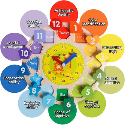 Skrtuan Wooden Shape Color Sorting Clock- Teaching Time Number Blocks Clock Shape Patterns Sorting and Animal Puzzle Montessori Early Learning Educational Toy Gift for 1 2 3 Year Old Toddler Baby Kids