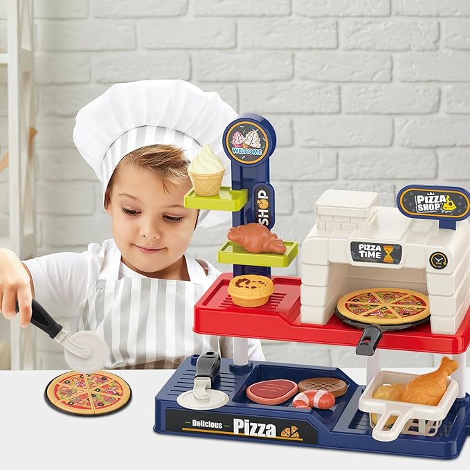 deAO Pretend Play Store Pizza Play Set for Kids, Realistic Pizza Pie Pretend Play Food,Slice and Serve Plastic Kitchen Cooking and Cutting Playset (Red)