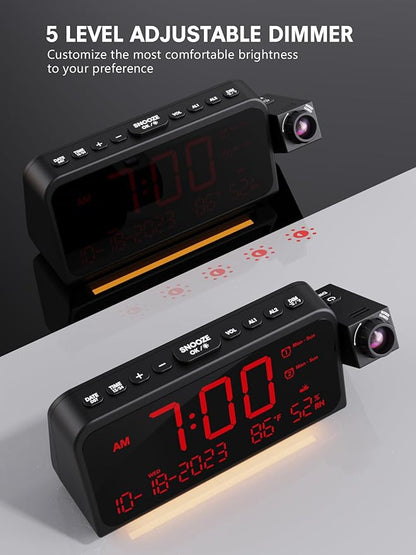 Projection Alarm Clock for Bedroom Ceiling, Digital Clock Projector with Weekday/Weekend Mode, Date, Temperature, Humidity, Type-C USB Charger, Night Light, Dual Alarms, DST, Dimmer,12/24H