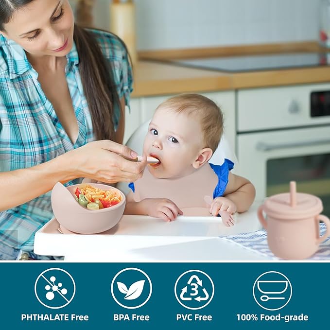 100% Silicone Baby Feeding Set,BPA Free Baby Dishes Set with Suction Bowl Divided Plate,Toddler Self Feeding Dish Set with Spoons Forks Sippy Cup and Bib, Baby Eating Utensils (Pink)