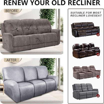 Recliner Couch Cover Leather Look Recliner Sofa Covers for 3 Cushion Reclining Sofa Slipcovers 8-Pieces Furniture Protector Spandex Fabric Washable (3 Seater, 01 Marbling)