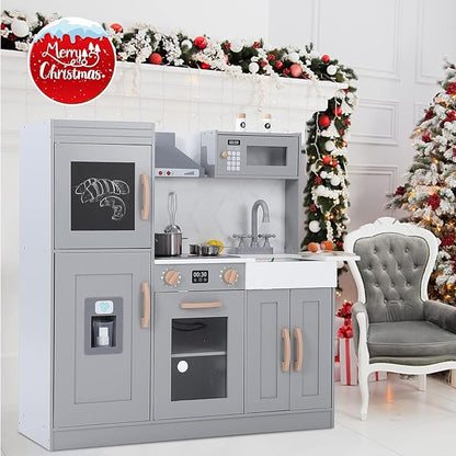 Wooden Play Kitchen with Cookware Accessories, Wooden Chef Pretend Play Set with, Wooden Cookware Pretend with Microwave, Oven, Sink, Real Lights & Sounds, Grey (201GA)