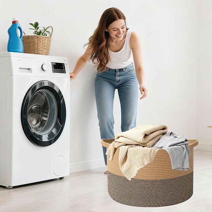 115L Large Blanket Basket,23.6" L x 23.6" W x 15.7" H Rope Woven Baskets with Handles, Toys Storage Bins,Laundry Basket Perfect for Living Room, Nursery,Bedroom,Home Organization,Jute&Black