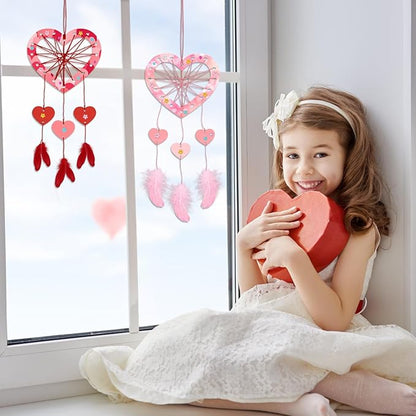 Fennoral 6 Pack Heart Dream Catcher Craft Kit for Kids Paint You Own Love Heart Dream Catcher DIY Coloring Mother's Day Wooden Art and Craft for Art Activity Project Valentine's Day Decoration