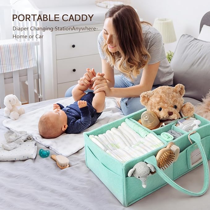 GEMII Diaper Caddy Organizer-Large Baby Caddy Organizer with Handle，Newborn Registry Essentials，Baby Shower Gift Basket for Boy or Girl (Green, Large)