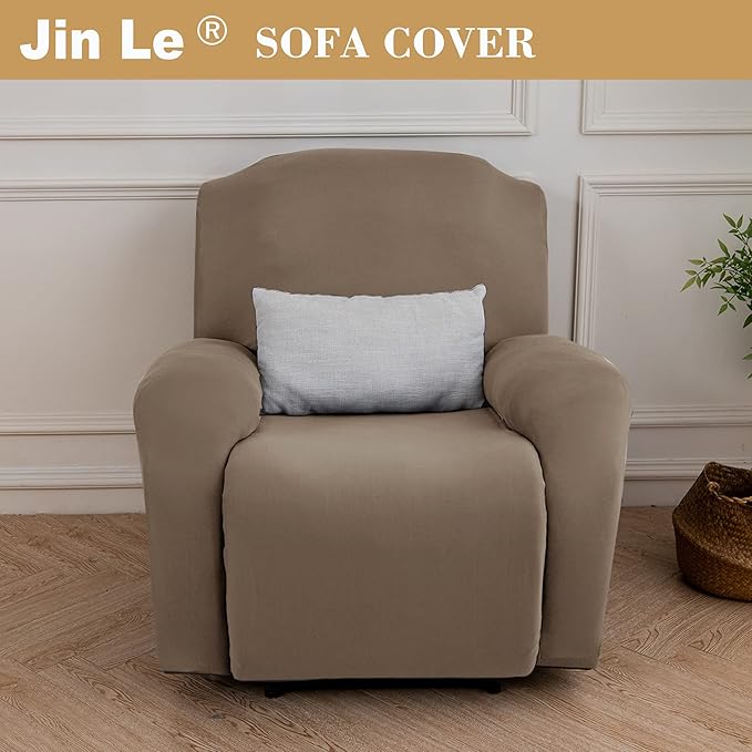 Jin Le 4 Pieces Recliner Cover Stretch Recliner Chair Cover 1 Seater Recliner Couch Covers Sofa Covers Stretch Soft Furniture Protector with Elastic Bottom and Ties for Kids Pet(Recliner, Khaki)