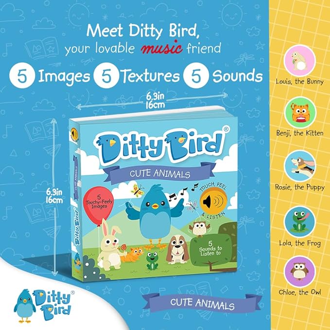 Ditty Bird Touch & Feel Animals Edition Musical Books | Fun Montessori Toys & Learning Resources | Sensory Toys for Kids | Interactive Toddler Books for 1 Year Old to 3 Year Olds | Sturdy Baby Book