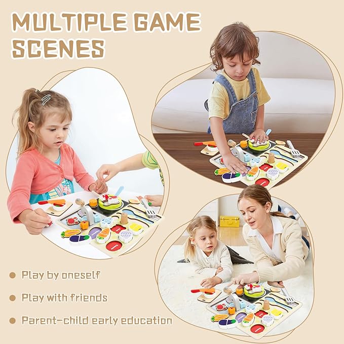 Wooden Toddler Kitchen Toy Set simulates Cooking, Chopping, stir-Frying, Food Shape Matching Games Toddler Kitchen Set for Boys and Girls Ages 3, 4, 5, 6，Gift for Kids