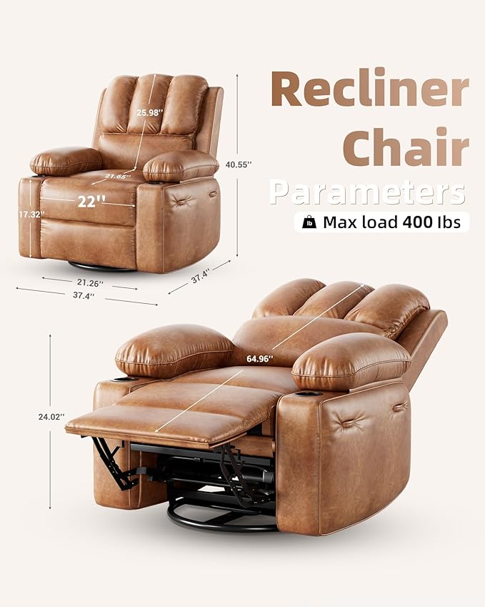 22'' Leather Recliner Chair for Adults, Overstuffed Manual Recliner Chair, Single Sofa with Cup Holder and Side Pockets, Upholstered Chair for Living Rooms, Vintage Leather