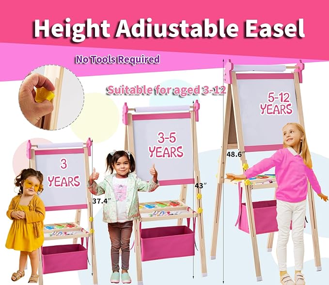 2-in-1 Double Sided Kid's Easel, Height-Adjustable Art Easel for Boys and Girls Ages 3-10, Including 100+ Accessories with Magnetic Chalkboard & Painting Board, Toddler Gifts