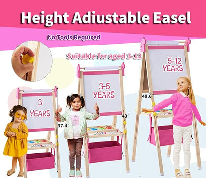 2-in-1 Double Sided Kid's Easel, Height-Adjustable Art Easel for Boys and Girls Ages 3-10, Including 100+ Accessories with Magnetic Chalkboard & Painting Board, Toddler Gifts
