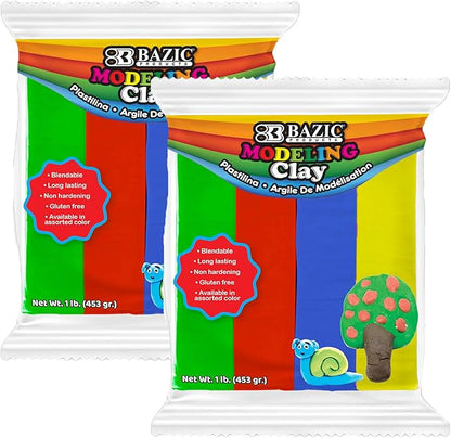 BAZIC Modeling Clay 4 Primary Color 1 LB, Light Dough Art Craft, Non Toxic Gift for Artist Kids Toddler Boys Girls, Bulk for Classroom, 2-Pack