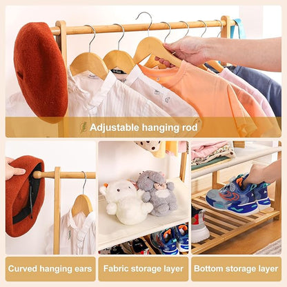 Kids Clothing Rack Bamboo with 2 Storage Baskets and 2 Adjustable Hanging Rods,Child Garment Holder with Shelf, Dress up Racks for Playroom,Toddlers Bedroom (Natural)