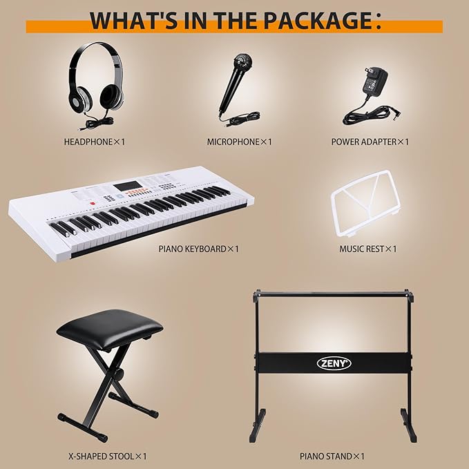 ZENY 61-Key Portable Electric Keyboard Piano with Built In Speakers, LED Screen, Headphones, Microphone, Piano Stand, Music Sheet Stand and Stool (White)