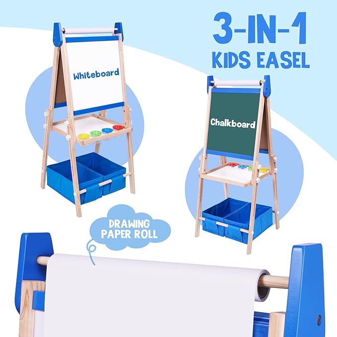 Joyooss Art Easel for Kids Easel for Toddlers, Kids Art Easel Magnetic Whiteboard & Chalkboard Adjustable Standing Wooden, Art Easel for Kids Age 4-8 9-12 Easel Kids Easels for Toddler Art Easel