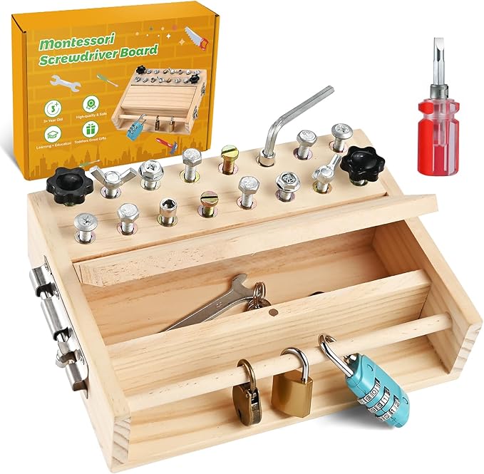 Montessori Screwdriver Board Set, Montessori Toys for 3 4 5 with 3 Lock and Keys, Toddler Screwdriver Toy, Kids Tool Set, Preschool Learning Sensory Toy, Fine Motor Skills Toys
