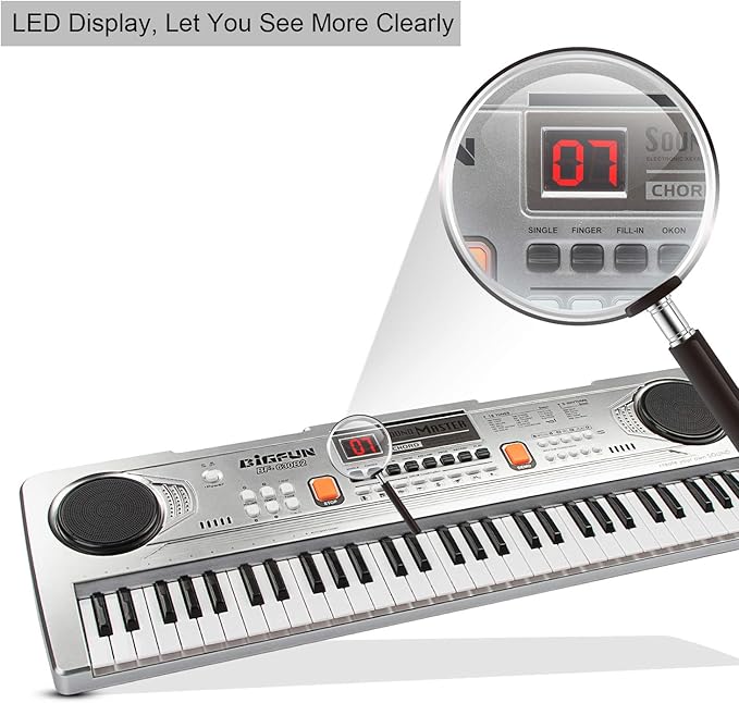 LeeQee Digital Keyboard Piano for Kids & Beginners, 61 Keys Multifunction Electric Piano Keyboard with Microphone, Educational Instrument Musical Toy for 3-12 Years Old Boys Girls (Silver)