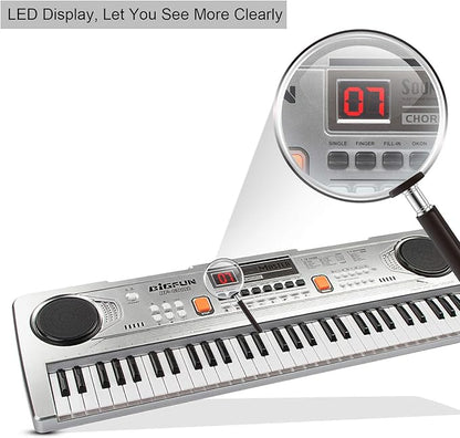LeeQee Digital Keyboard Piano for Kids & Beginners, 61 Keys Multifunction Electric Piano Keyboard with Microphone, Educational Instrument Musical Toy for 3-12 Years Old Boys Girls (Silver)