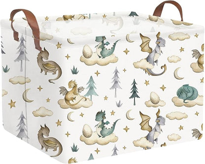 Rectangular Dinosaur Baskets,Watercolor cute dragon fairy tale kids nursery basket,Cloud moon star dragon egg laundry basket for kid,Toys Box,Dinosaur Room Decor(Cute dinosaur)