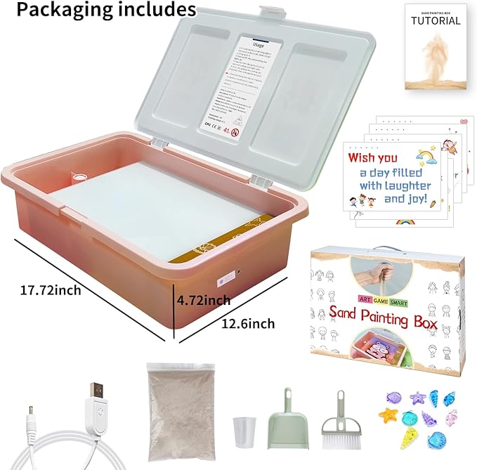 18" Rechargeable Sand Painting Light Box with Lid Toddler Light Table Toys Light Up Sand Tray for Kids 3 Color Modes & 10 Levels Adjustable Brightness Sand Sensory Table Gifts for Kids