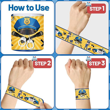 74PCS Police Party Favors 24PCS Police Officer Slap Bracelets 50PCS Police Stickers Police Cars Stickers for Police Party Decorations Kids Gifts Classroom Rewards Prizes Carnival Christmas