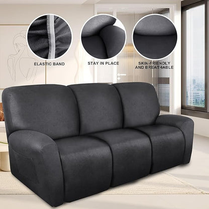 Recliner Couch Cover Leather Look Recliner Sofa Covers for 3 Cushion Reclining Sofa Slipcovers 8-Pieces Furniture Protector Spandex Fabric Washable (3 Seater, 01 Dark Gray)