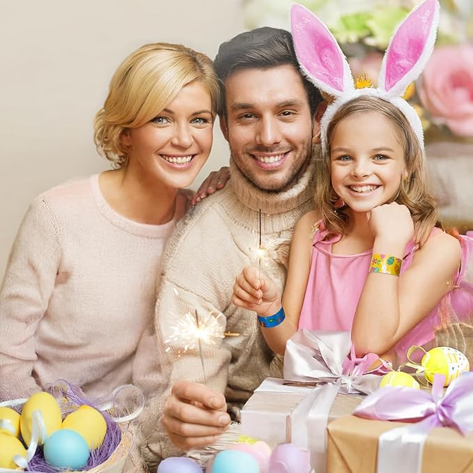 48 PCS Easter Slap Bracelets for Kids – Fun Bunny & Egg Designs, Party Favors, Goodie Bag Fillers, and Classroom Prizes