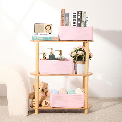 MiniArk Small Storage Baskets for Organizing | Closet Organizer Bins | Shelf Toy Basket | Woven Rope Baskets | Cube Decorative Box | Shallow Basket | 13x8.5x5.1” | 3 Packs Pink