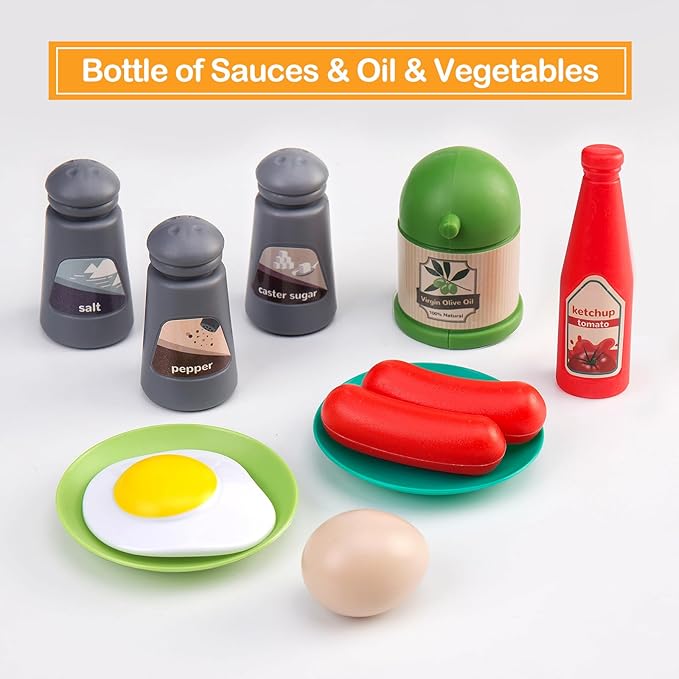 35Pcs Kids Kitchen Toy Accessories, Toddler Pretend Cooking Playset with Play Pots and Pans, Utensils Cookware Toys, Play Food Set, Toy Vegetables, Learning Gift for Girls Boys (Turquoise)