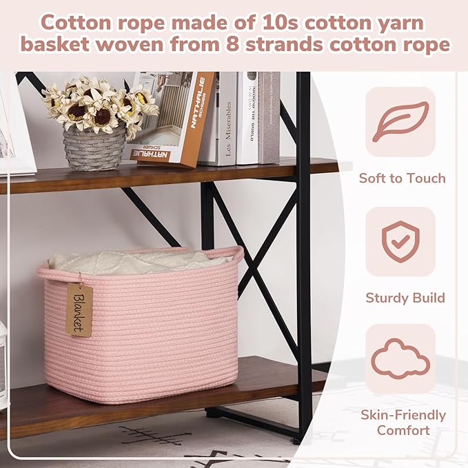 Goodpick Woven Storage Basket for Shelves, Small Baskets for Organizing, Rectangle Baby Nursery basket, Towel Baskets for Bathroom, Living Room, 13 x 10 x 9 Inches, Light Pink