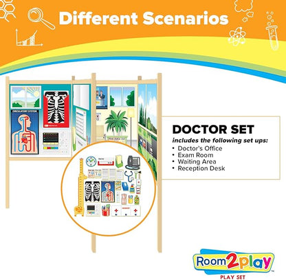 Large Kids Pretend Play Set for Toddlers Ages 3+ Years –Wooden Toy Playset Folds Away for Easy Storage with 20 Fun & Interactive Pieces (Doctor's Office)