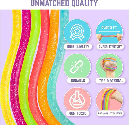 BUNMO Stretchy Strings - Sensory Toys for Toddlers - Stimulating & Addictive Sensory Toys for Kids - Fidget Toy - Hours of Fun for Kids - Non-Mouthable Toy 3+ - Glitter 6 Pack