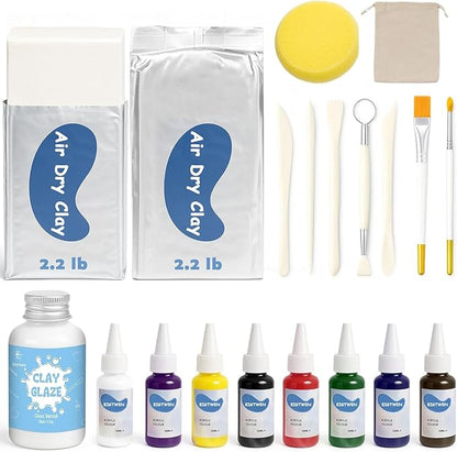 EIGTWEN 20pcs Air Dry Clay for Adults Kit, Includes Air Dry Clay and 50ml Gloss Glaze, Sculpting Tools, 8 Colors of Paint, Paintbrushes, Brushes, Sponges, A Surprise Gift for Art and Craft Enthusiasts