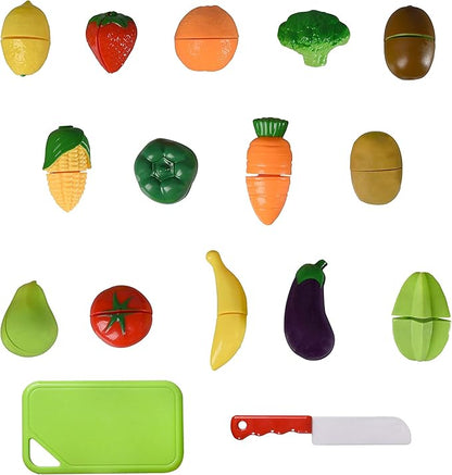 Playkidz: Fruit and Vegetables Basket Pretend Play Kitchen Food Educational Playset with Toy Knife, Cutting Board (32 Pieces of Food Toys)