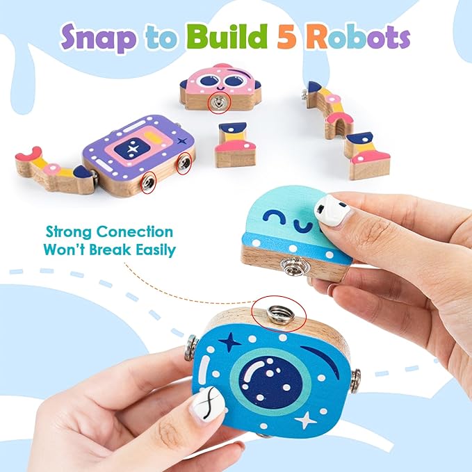 Wooden Snap-Together Building Toys, Robot Building Kit for Kids,STEM Building Blocks,Take Apart Playset 28pcs, Fine Motor Skill Montessori Educational Learning Toys Gift for 3 4 5 6 Years Kids