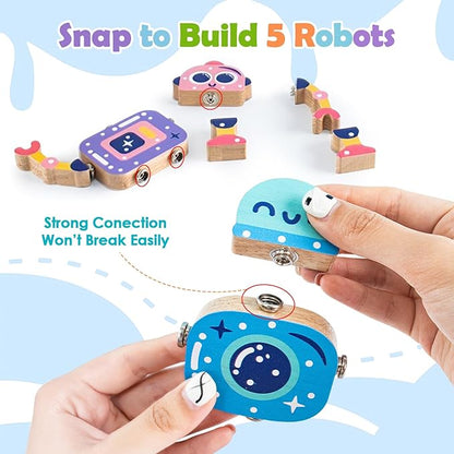 Wooden Snap-Together Building Toys, Robot Building Kit for Kids,STEM Building Blocks,Take Apart Playset 28pcs, Fine Motor Skill Montessori Educational Learning Toys Gift for 3 4 5 6 Years Kids