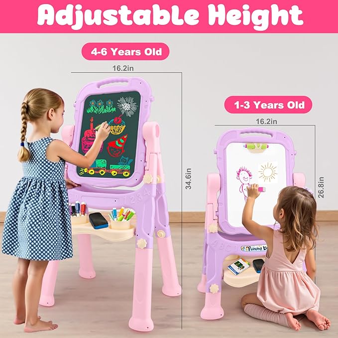 Kids Easels for Toddlers 2-4 Double Sided Kids Art Easel with Magnetic White Board & Chalk Board Adjustable Stand Drawing Painting Easel Learning Toys Age 2 3 4 Year Old Girl Birthday