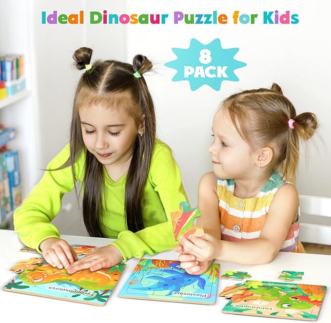 Wooden Puzzles for Toddlers, 8 Pack Dinosaur Jigsaw Puzzles for Kids3-5, 9 Pieces Preschool Learning Activities, Learning & Educational Puzzles, Gift for Boys, Girls