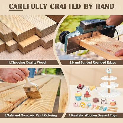 Play Food Sets for Kids Kitchen, Wooden Play Food Including Three-Tier Cake Stand, 22 Pcs Wooden Food Toys, Toddler Girl Toys