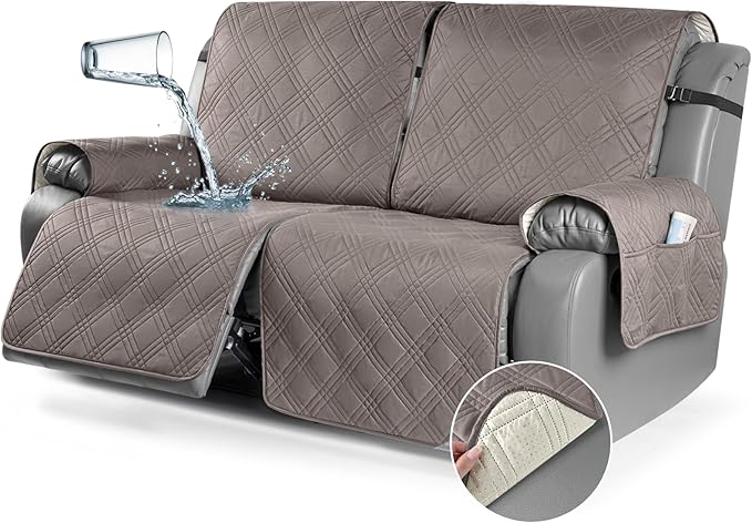 TAOCOCO 100% Waterproof Oversized Loveseat Recliner Cover, Non Slip Split Loveseat Covers for Reclining Loveseat with Elastic Straps for Kids Pets(Oversized 2 Seater, Light Browm)